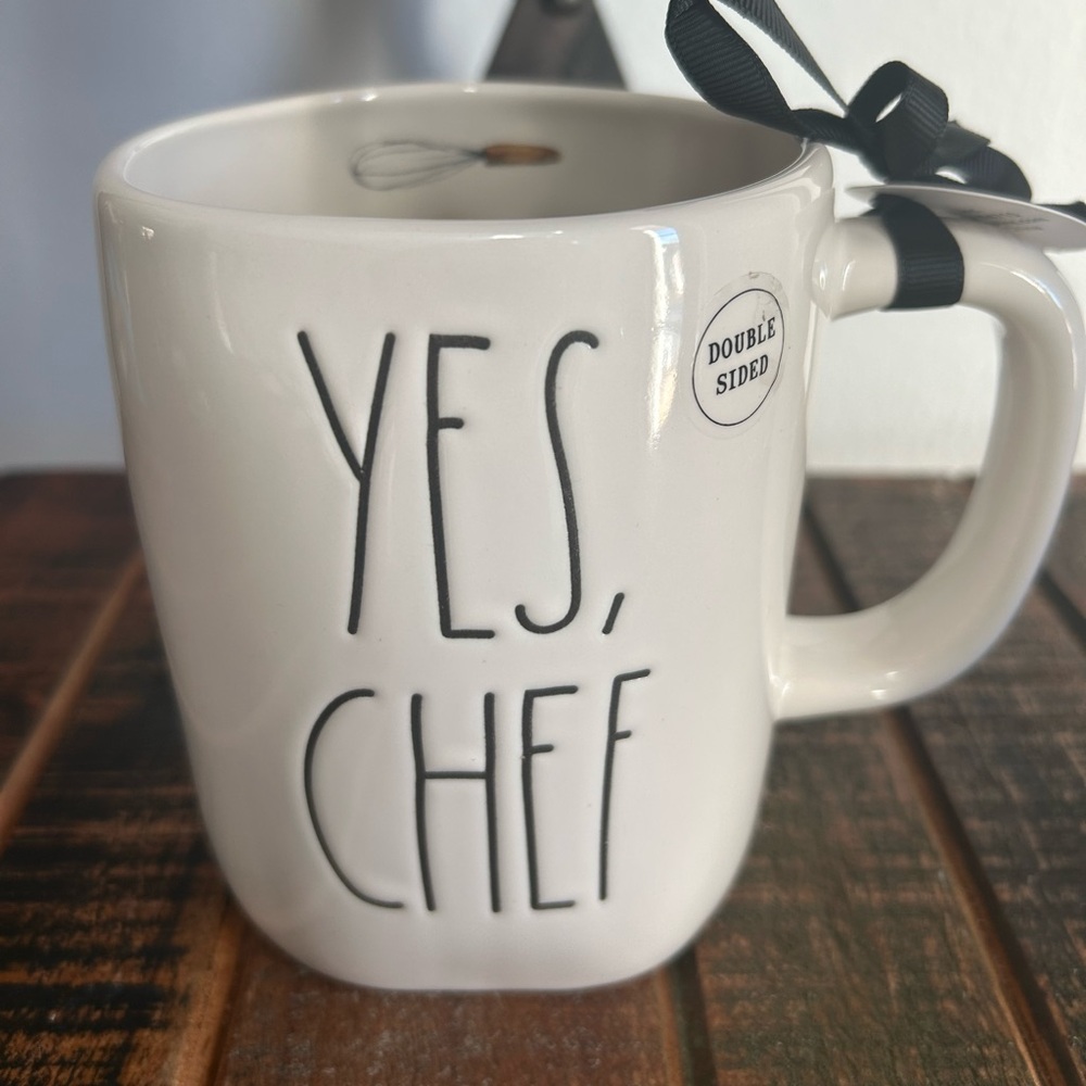 Rae Dunn YES CHEF Double Sided Coffee Mug With Cooking Utensils NEW